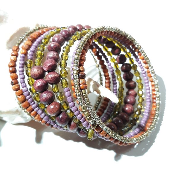 Beaded Memory Bead Cuff Bracelet Wood Glass Boho Exotic - Picture 2 of 5